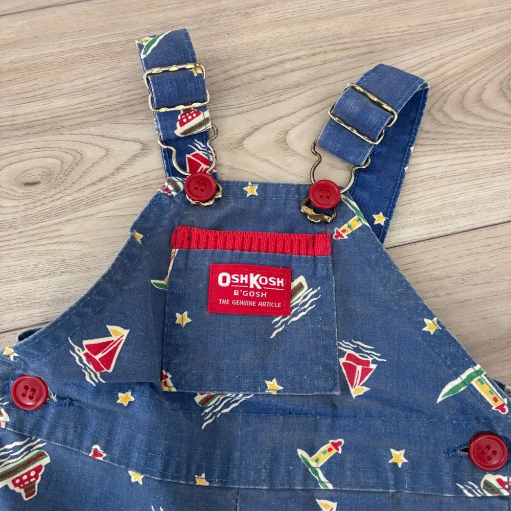 Vintage OshKosh Bgosh Vestbak Overalls 6/9M Nautical Sailboat Blue Made in USA